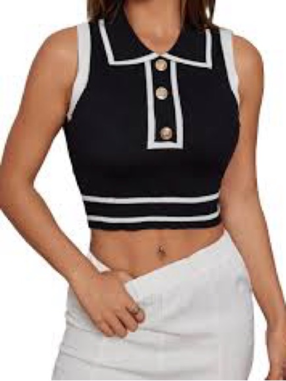 Cropped Black Knit Polo Tank with Cream Trim and Gold Buttons